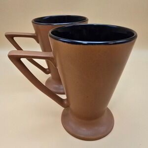 Set of 2 MCM Style Conical Ceramic Mugs Brown with Black Interior Pedestal Base